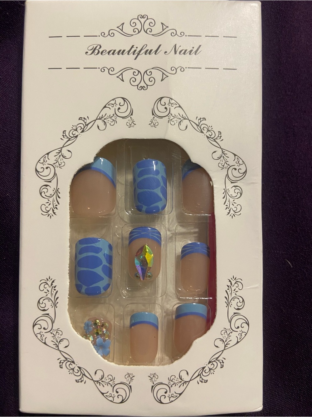 Blue French Tip Press-On Nails with Gem Accent